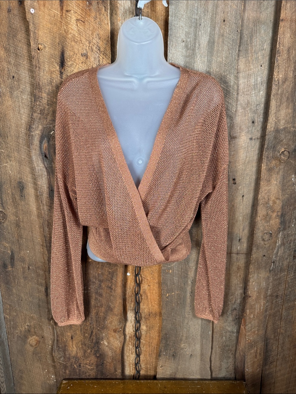 White House Black Market Copper Metallic Mesh V-Neck Wrap Sweater